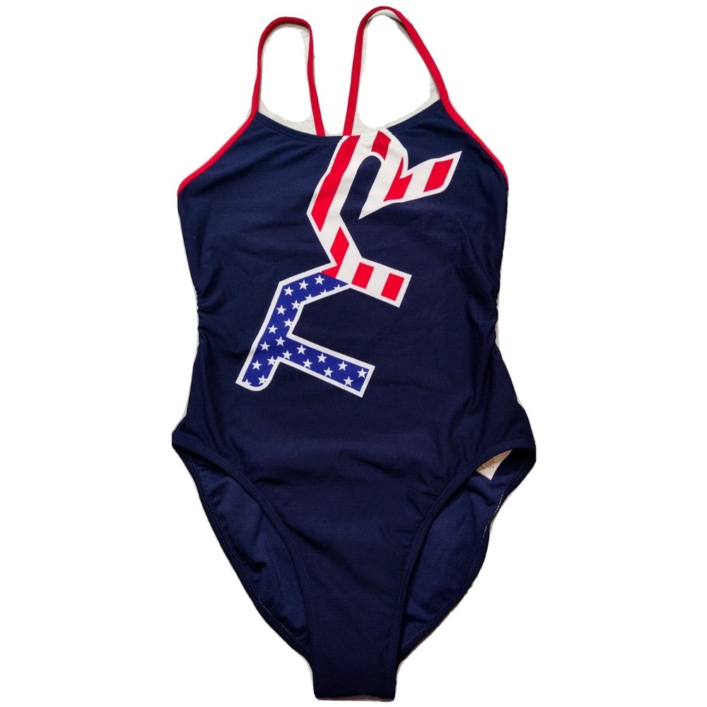 TYR‎ DURAFAST Big Logo CUTOUT FIT Red White Blue Swimsuit - Women 38 NEW